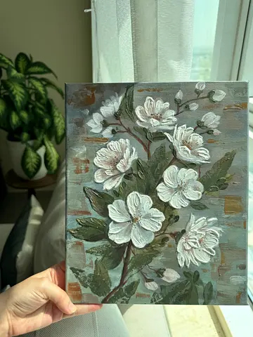 Hand-painted Floral Canvas Painting — White Blossoms on Neutral Background -cm 30*25