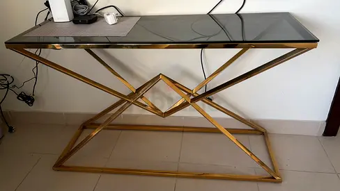 Gold Metal Console Table with Glass Top - Modern Entry Table