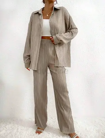 Beige Ribbed Two-Piece Set — Long Shirt  Wide-Leg Trousers, Size M BRAND NEW