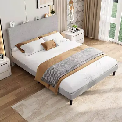 Silver corduroy upholstered queen Black leg bed