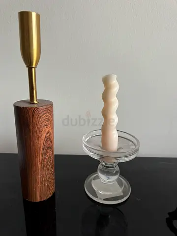Set of Decorative Glass Candle Holder and Wooden Brass Accent