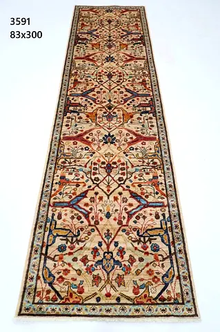 Afghan wool Handmade Long Runner Rug - Traditional Floral Design 83x300 cm veg colors dye