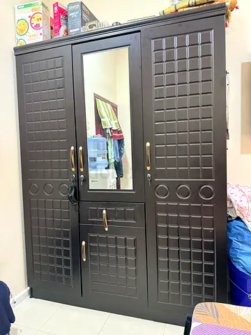 Dark Wood 3-Door Wardrobe with Mirror - Good Condition