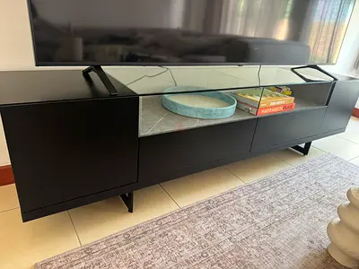 Modern Black TV Unit / Entertainment Center with Glass Shelf