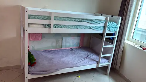 White Wooden Bunk Bed - Solid Frame, Good Condition