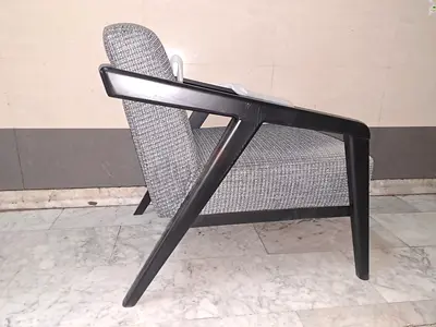 Mid-century Style Single Armchair with Dark Wooden Frame and Grey Upholstery