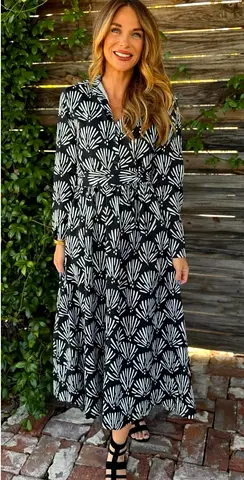 Zara Cotton Printed Dress With Belt in Black  White