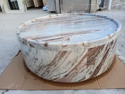 Round Clasico Fantasy Natural Marble Coffee Table with Lid - Beige  White Veining