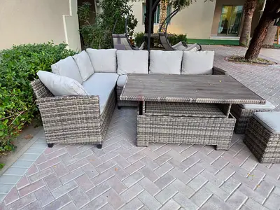 Outdoor rattan sofa set with coffee table - light grey cushions. Originally for 2500. Selling - 700