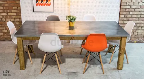Minimalist Zinc metal effect Top Dining Table with Wooden Legs