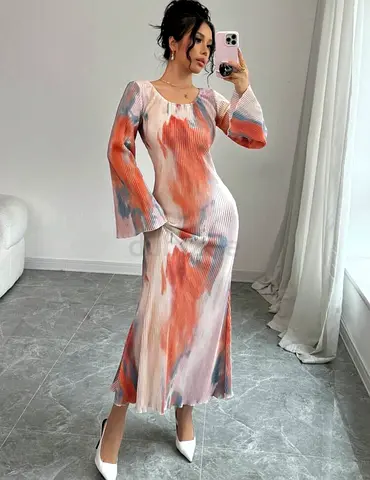 Long Pleated Tie-Dye Style Maxi Dress with Flared Sleeves Size 10/12 MEDIUM BRAND NEW