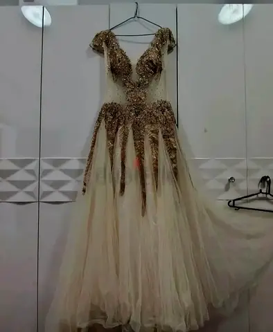 Beige Gold Embellished TulleEveningGown8