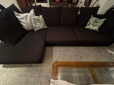 Large Dark Grey L-Shaped Fabric Sofa with Cushions