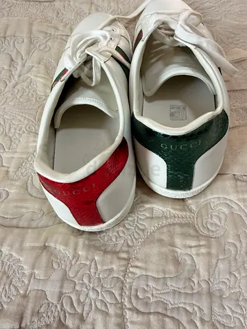 White Gucci Ace Leather Sneakers with Red  Green Heel Tabs, Size 13 US 46 EU