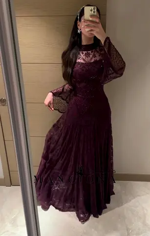 Deep Plum Embroidered Long Evening Gown — Burgundy, size large 10. Brand new. Chest 34 inch