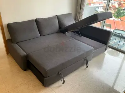 Gray L-shaped Storage Sofa Bed — Converts to Double Bed, Good Condition