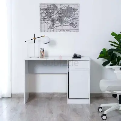 Simple White Home Office Desk with Drawer and Cabinet and Chair