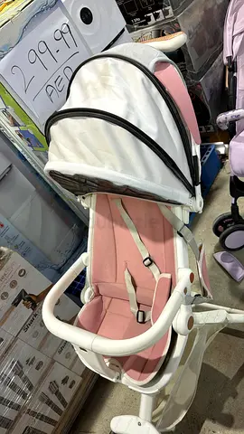 White  Pink Baby Pram Stroller with Sun Canopy - Good Condition