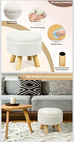 4 Small Round Teddy Fabric Footstool / Ottoman with Wooden Legs