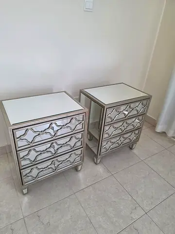 Pair of Mirrored 3-Drawer Bedside Tables / Nightstands