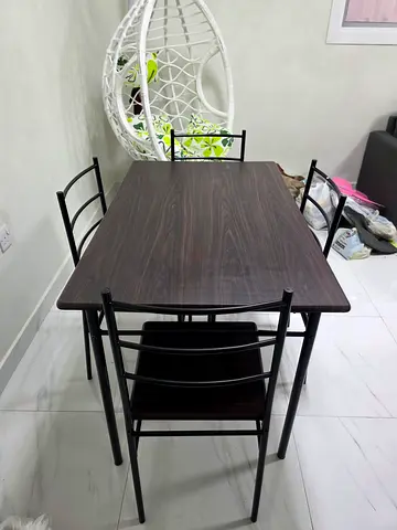 Compact 4-Seater Dining Table with Dark Wood Top and Metal Frame