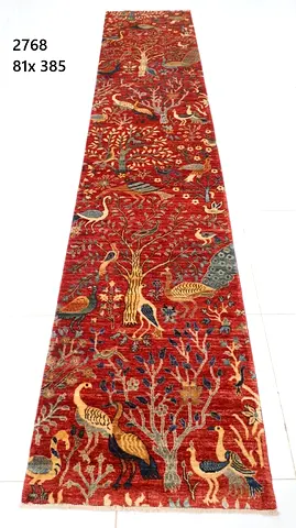 Afghan wool Handmade hallway Red Runner Rug with Bird  Tree Motif - 81x385 cm veg colors dye
