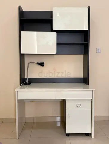 White and Dark Wood Study Desk with Overhead Shelves and Mobile Drawer