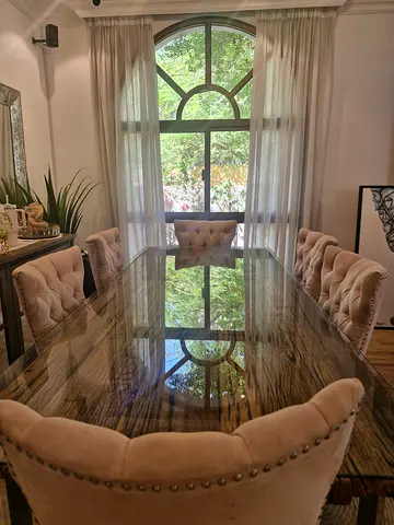 Solid Wood Dining Table with 8 Upholstered Tufted Chairs - Excellent Condition