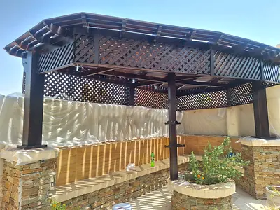 Large Wooden Pergola Gazebo with Built-in Stone Benches