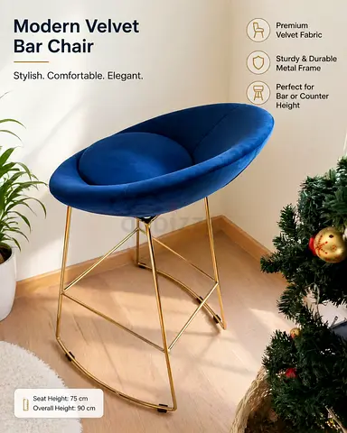 Modern Blue Velvet Bar Stools with Gold Metal Frame (2 pieces)