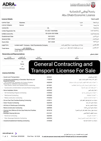 Active General Contracting and Transport Company for Sale in Abu Dhabi 10 years Old Company