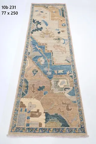 77x250 cm Handmade Afghan wool Long hallway Runner Rug carpet - Soft Blues  Neutrals,veg dye colors