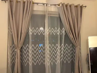 Neutral Grey Eyelet Curtains with Sheer Zig-Zag Panel - Set x2