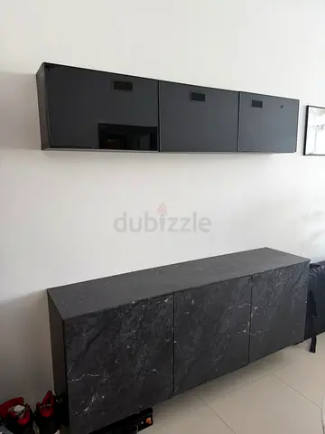 Modern Black Wall-Mounted Storage Cabinets (Set of 2) - Gloss  Stone Finish
