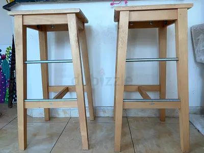 Pair of Solid Wood Bar Stools with Footrests - Light Finish