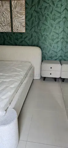 Beige Bouclé Double Bed with Matching Nightstands - Good Condition