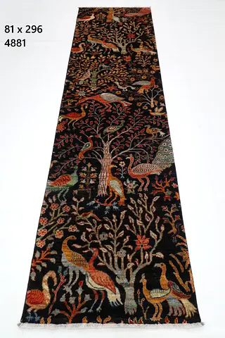 81 x 296 cm afghan wool Handmade Narrow Runner Rug with Bird  Tree Motif — Dark Background