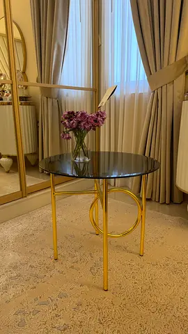Round Gold Metal Side Table with Smoked Glass Top
