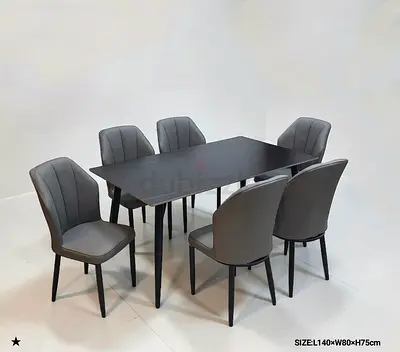 Modern 6-Seater Dining Table Set with Upholstered Chairs - Grey