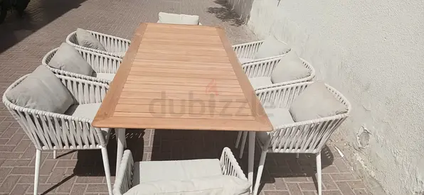 Solid Wood Outdoor Dining Table — Light Teak Finish, Seats 8