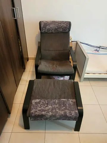 IKEA Poäng Armchair with Footstool - Dark Wood Frame, Grey Fabric