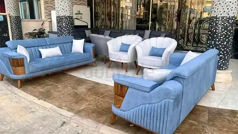 Modern Blue  White Living Room Sofa Set