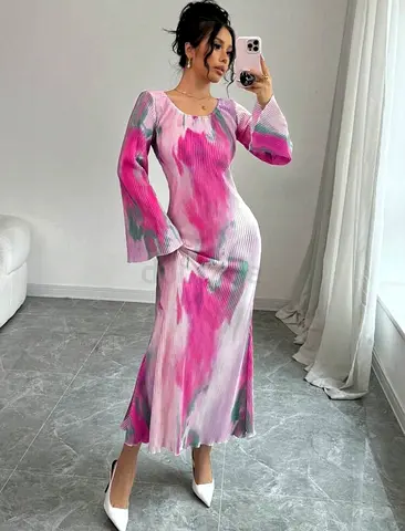 Pink  White Tie-Dye Long Sleeve Maxi Dress (Size:medium 10/12) - MODEST Elegant Casual BRAND NEW