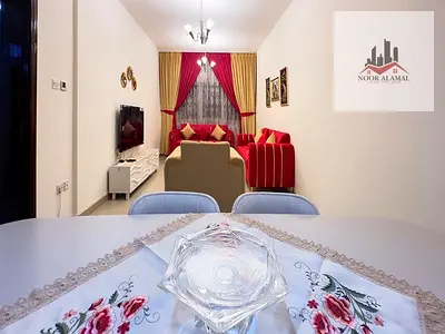 Sharjah, Al Taawun, second owner, super deluxe furnished apartment with two bedrooms, a living room, a kitchen, two bathrooms, and a balcony