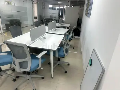 Set of 6 Modern White Office Desks with Chairs — Open Plan Workstations