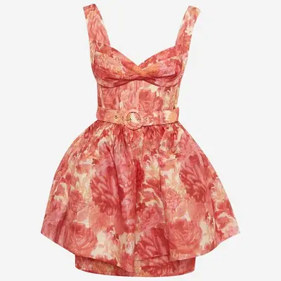 Authentic Zimmermann Pink Floral Printed Linen  Silk Belted Mini Dress XS