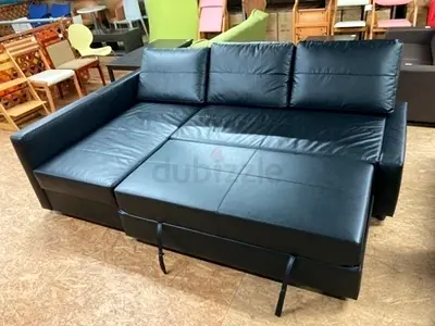 Black Leather Corner Sofa Bed with Storage - Convertible L-Shaped Couch