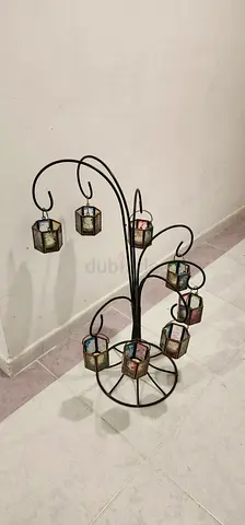 Metal Tree Candle Holder with 9 Stained-Glass Lanterns
