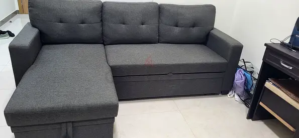 Gray L-shaped Fabric Sofa with Storage - Good Condition