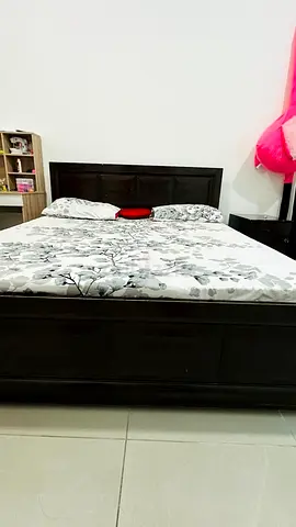 Solid Dark Wood Queen Bed with Headboard and Storage Base